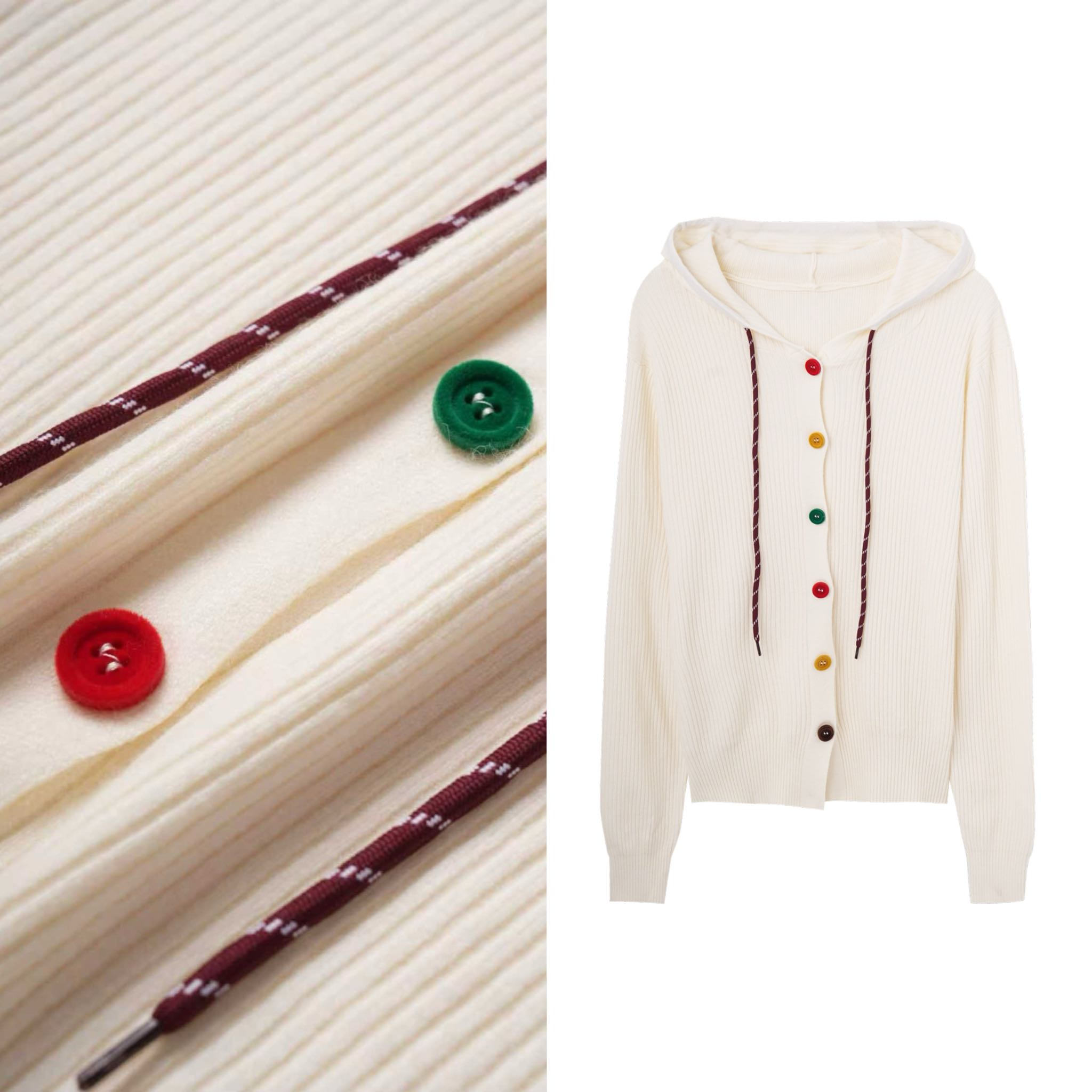 【爆米花专享】连帽针织开衫毛衣设计感彩色纽扣上衣