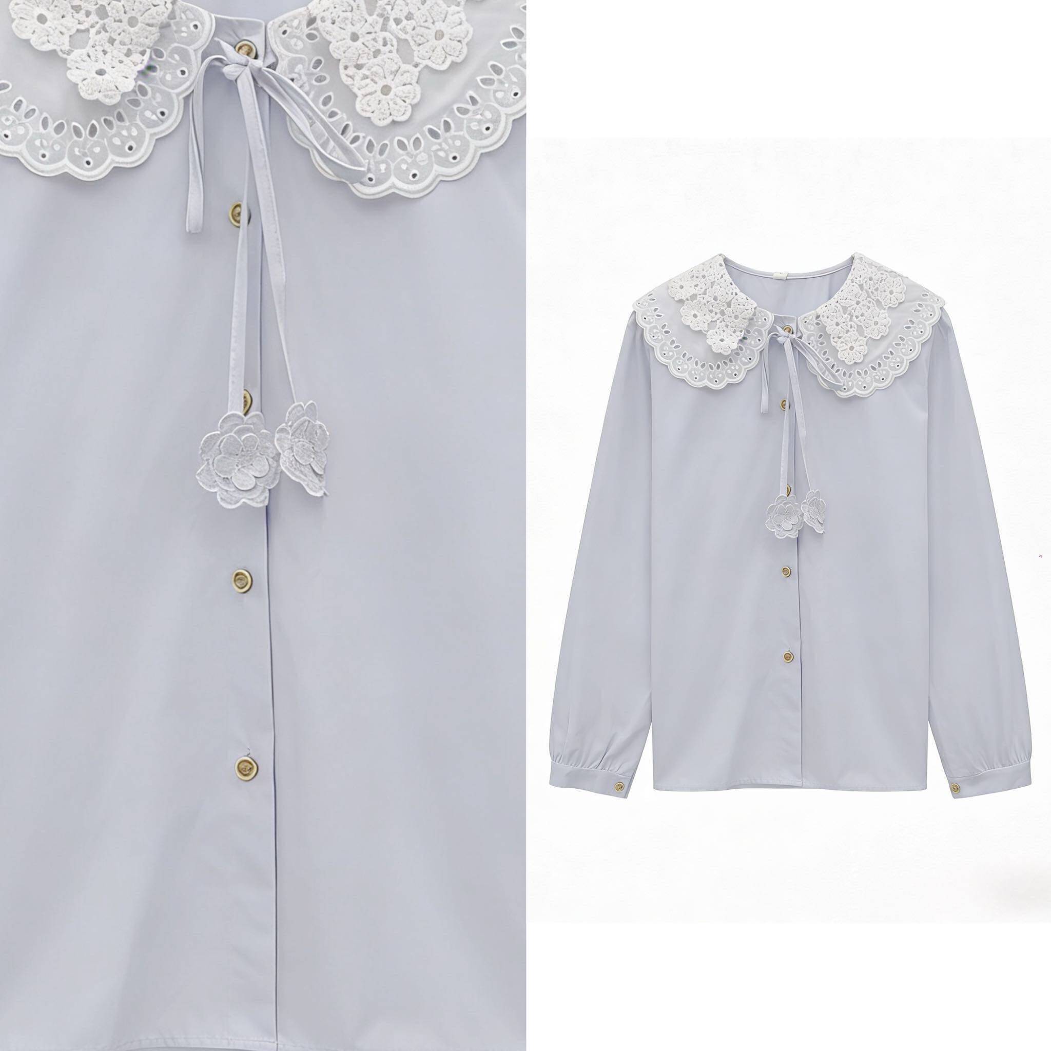 【小乐专享】甜美可爱镂空勾花宽松娃娃领衬衫蝴蝶结上衣323