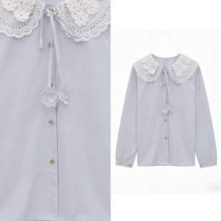 蝴蝶结上衣323 甜美可爱镂空勾花宽松娃娃领衬衫 甜甜圈专享