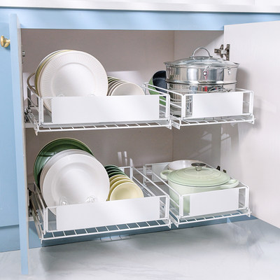 厨房碗盘收纳架橱柜内抽屉收纳分隔餐具放碗架子抽拉式碗碟置物架