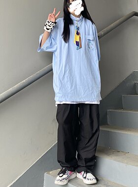 Takeoff咖喱人夏宽松高领polo衫T短袖拉链领带衬衣纯棉日韩街头潮