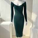 外贸原单 一步裙连衣裙 气质针织小性感一字露肩V领打底中长款