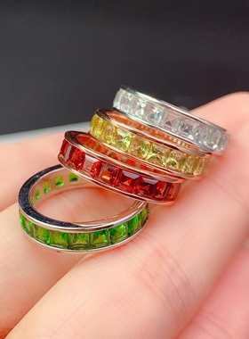 天然宝石戒指绿透辉石红宝石榴石橄榄石托帕石彩宝食指排戒指环女