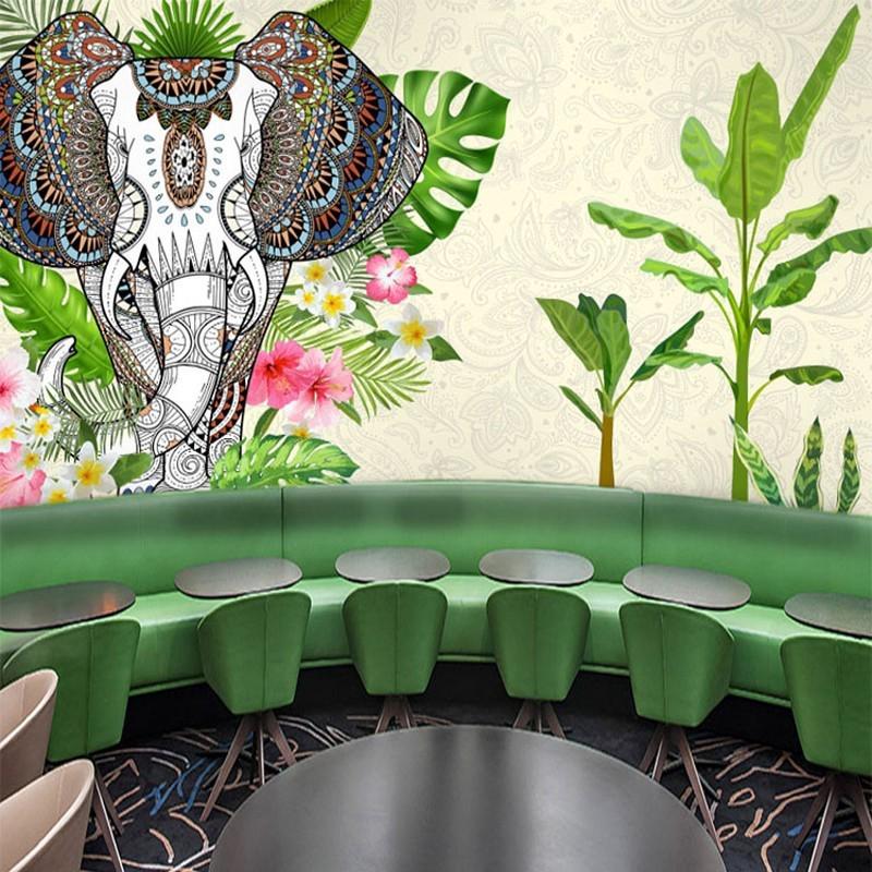 东南亚泰式风格背景墙装饰墙纸网红民族风情大象壁画泰国餐厅壁纸图片