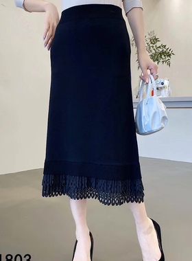 欧货冰丝半身裙女21803拼接大摆针织中长款垂感修身包臀2025春季