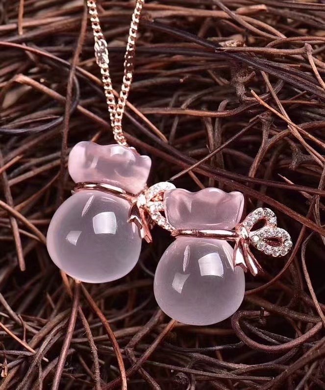 新品天然粉晶钱袋吊坠冰种淡粉色清透百搭桃花礼物女