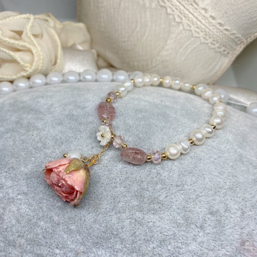 蔷薇少女招桃花手链 原创设计 真花粉蔷薇天然蔷薇水晶珍珠手链