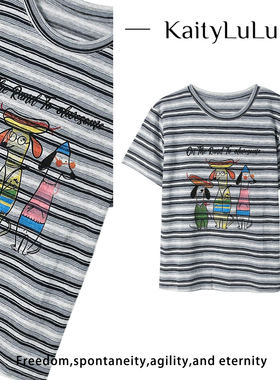 KaityLuLu【洛可可】  条纹个性圆领百搭短袖KT427C107