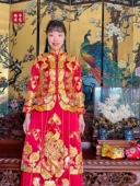 中国风复古大红真丝纯手工苏绣盘金绣孔雀牡丹旗袍婚服秀禾服礼服