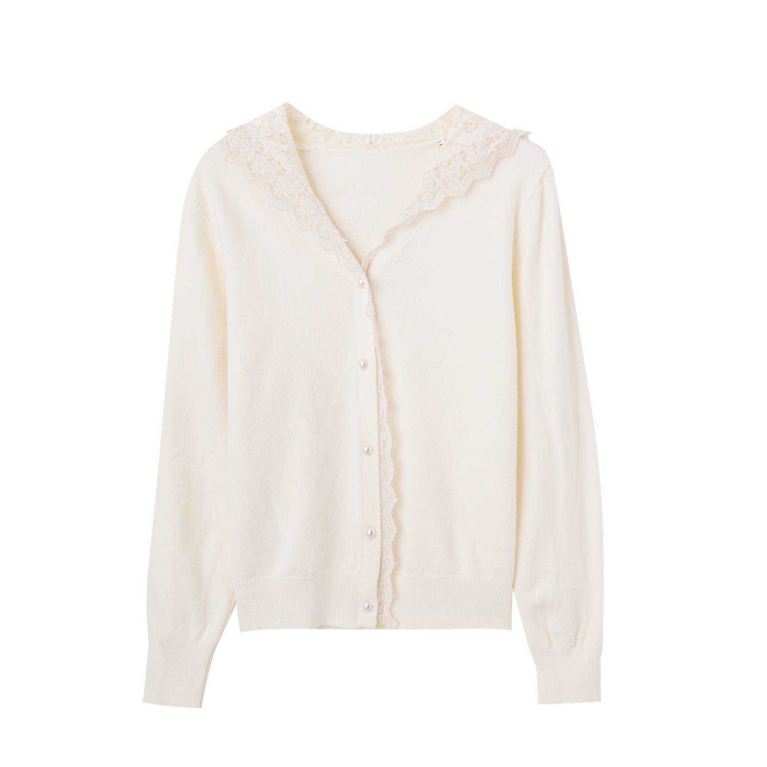 【玉米专享】欧货现货洋气拼接蕾丝连帽单排扣甜美针织开衫1217