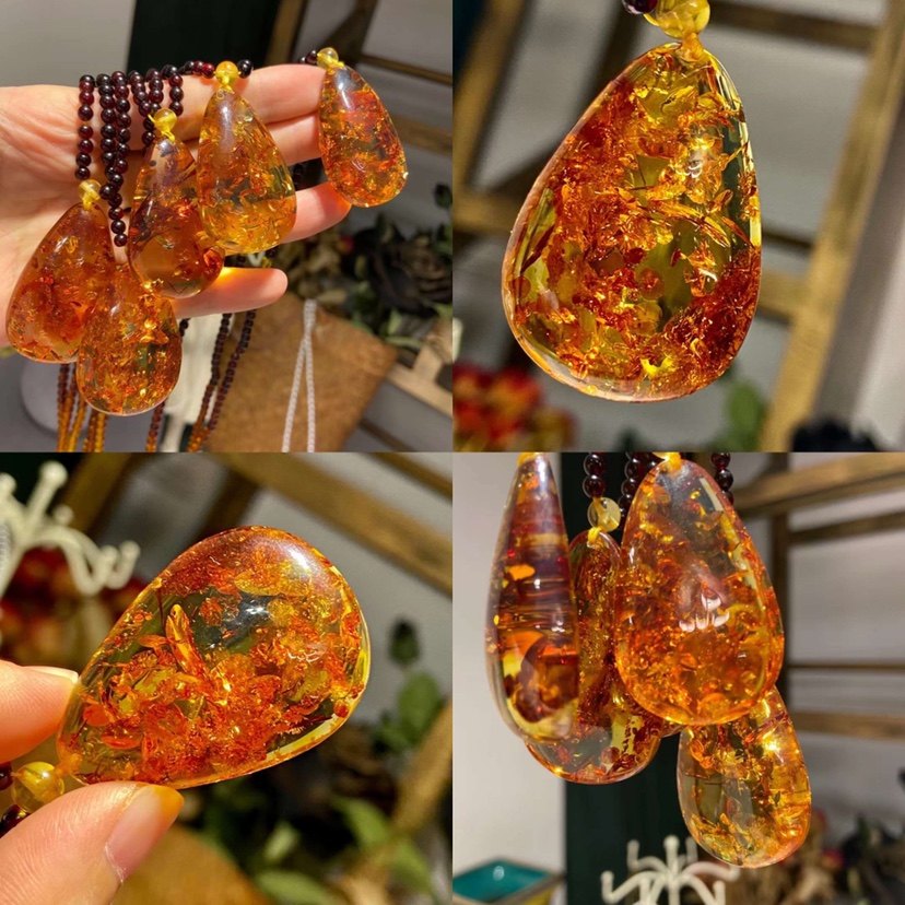 天然花珀水滴形项链 配天然血珀链子