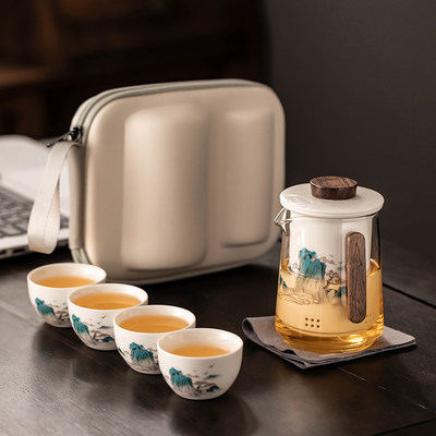 旅行茶具套装羊脂玉白瓷便携式功夫茶杯一壶三四杯户外露营泡茶壶