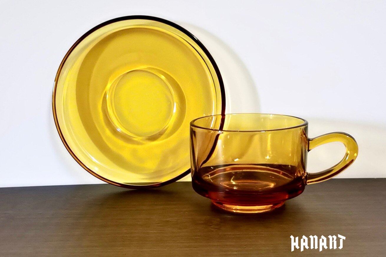 日本进口Hirota广田哨子昭和复古琥珀色咖啡杯碟耐热玻璃茶杯中古