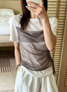 【小四专享】灰色假两件网纱抽绳T恤高级感小众百搭休闲显瘦上衣