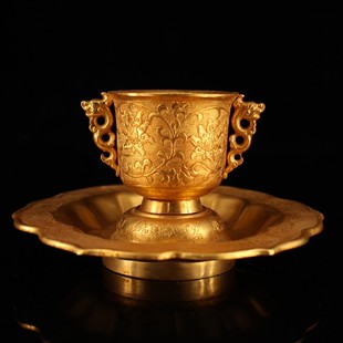 古玩收藏纯铜鎏金酒具一套宫廷御用唐代酒杯托盘一套珍藏品