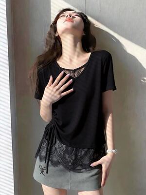 【佳慧专享】假两件短袖t高级设计感蕾丝边上衣516