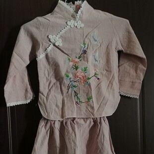 特卖中新款断号藕色衣裙大童蝴蝶花刺绣套装长袖短裙唐仙女民族风