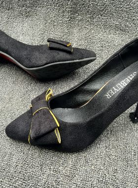 新品磨砂绒高跟女鞋子蝴蝶结尖头低帮细跟瓢鞋英伦浅口性感单船鞋