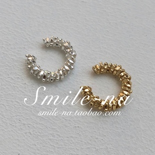 韩国进口小众设计款925纯银不规则菱形花纹镀18K金耳骨夹耳垂夹