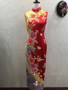 原创中国风大红色真丝纯手工苏绣盘金绣打籽绣牡丹旗袍新娘敬酒服