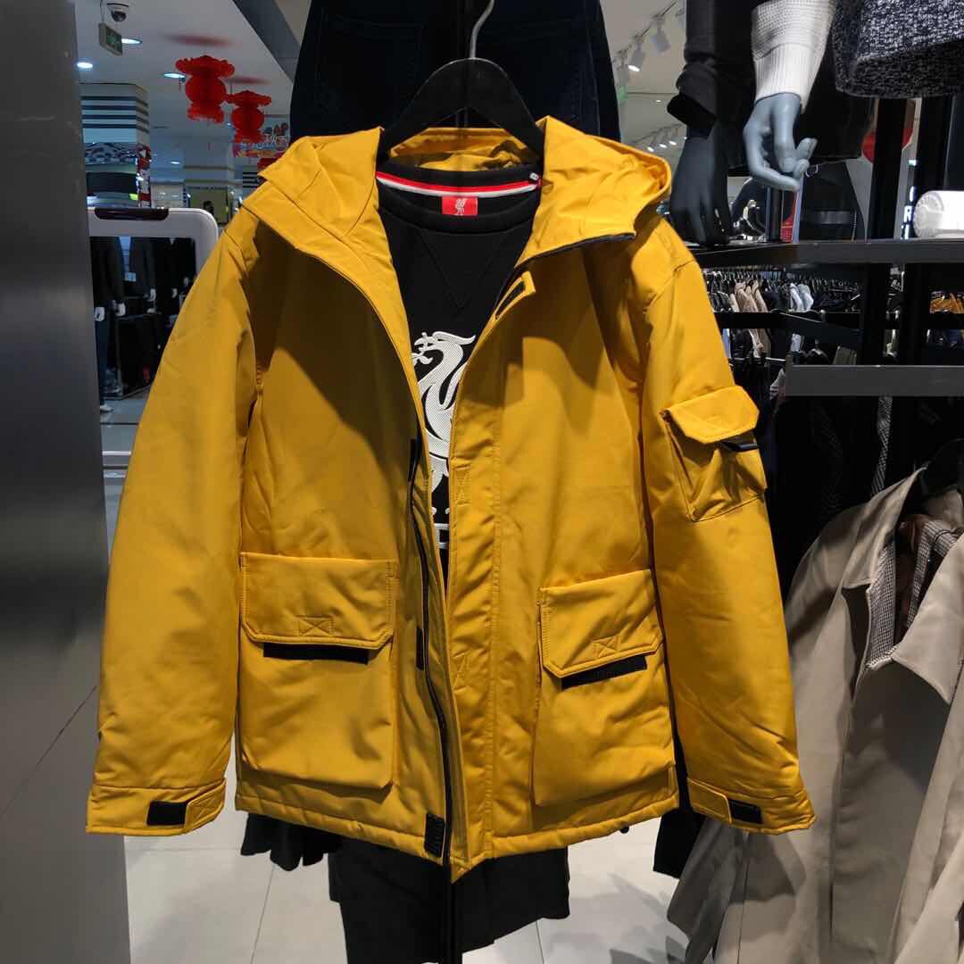 JJ冬季款大口袋白鸭绒保暖连帽户外工装羽绒服男