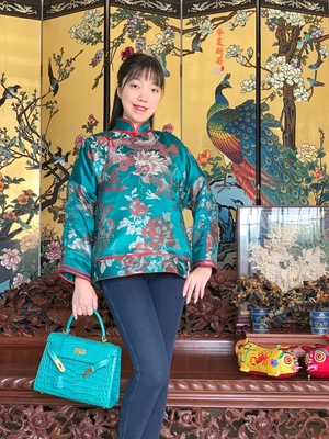 原创国潮复古墨绿色旗袍棉袄外套
