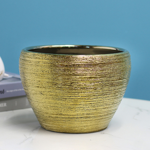 拉絲金色花盆電鍍金屬色圓形輕奢陶瓷花盆擺件裝 飾品插花花器