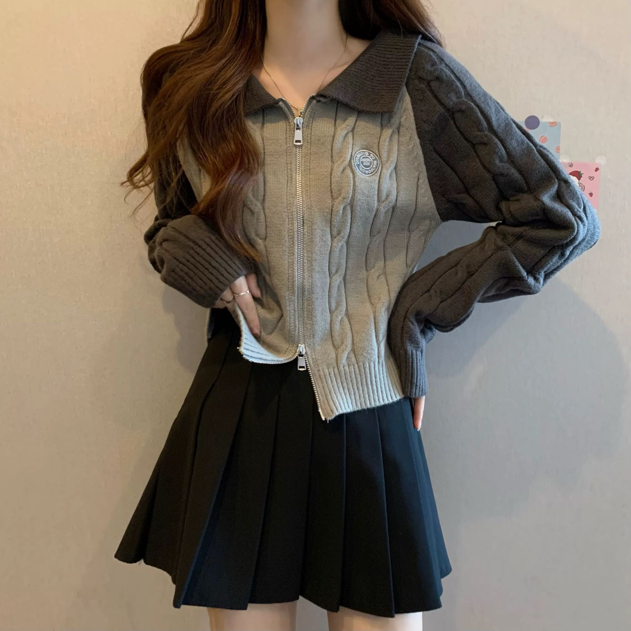 【小四专享】撞色POLO领双拉链针织衫显瘦麻花毛衣打底衫