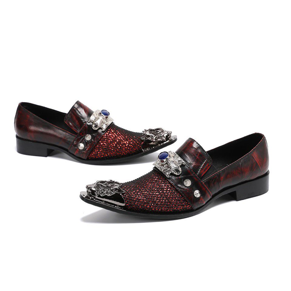 2026春季男士皮鞋彩蛇纹套脚潮鞋银色铁头男鞋T台舞台时装走秀鞋