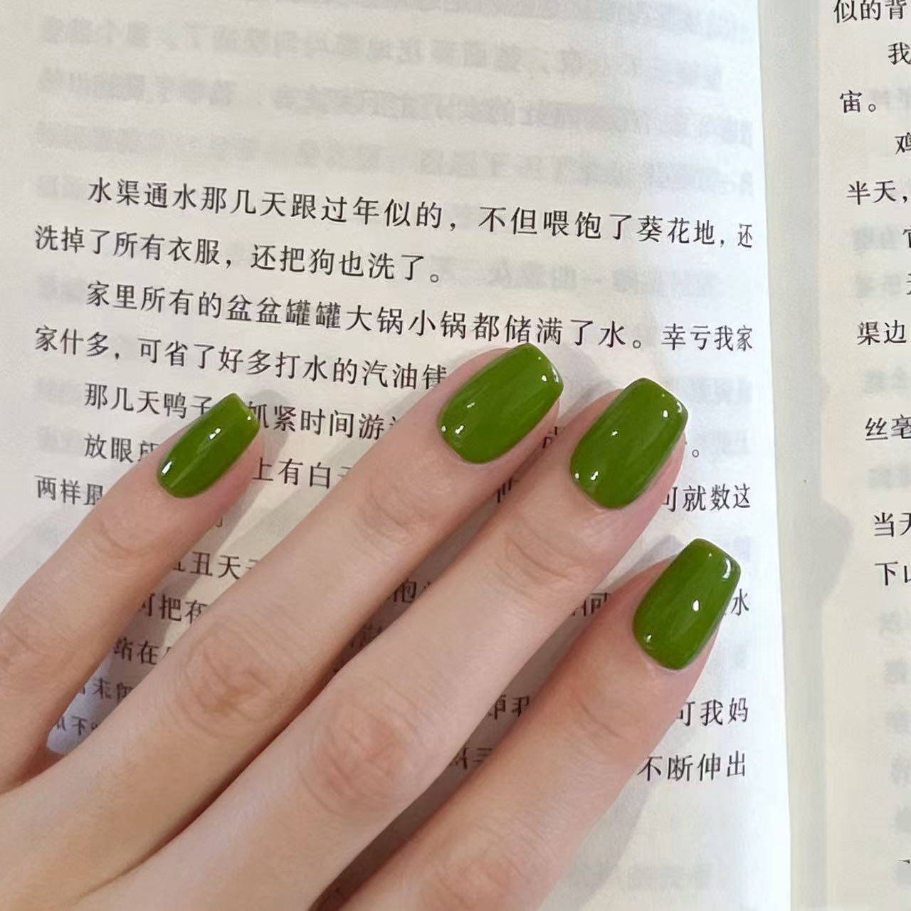 芥末绿单色纯手工穿戴甲纯色显白