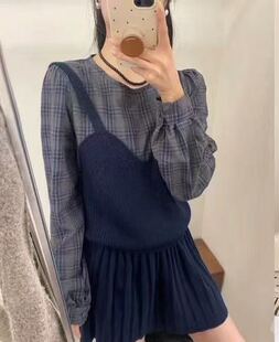 【小田直播间】拼接吊带针织背心假两件圆领洋气格子衬衫上衣
