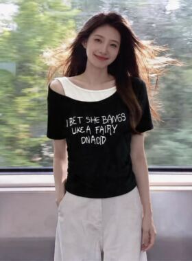 【小四专享】设计感斜肩露肩假两件短袖漂亮巨好看夏季上衣507
