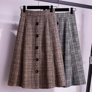 格子毛呢200斤加肥加大胖mm半身裙 秋冬a字松紧腰中长款 大码 女装