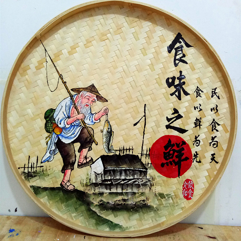 餐厅餐馆饭店墙上装饰画创意挂画手绘竹编簸箕画墙饰画农家乐定制图片