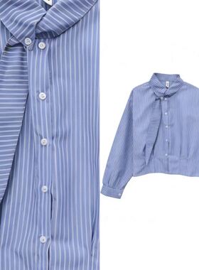 【小四专享】设计感飘带竖条衬衫韩系休闲高腰短款上衣小衫1388