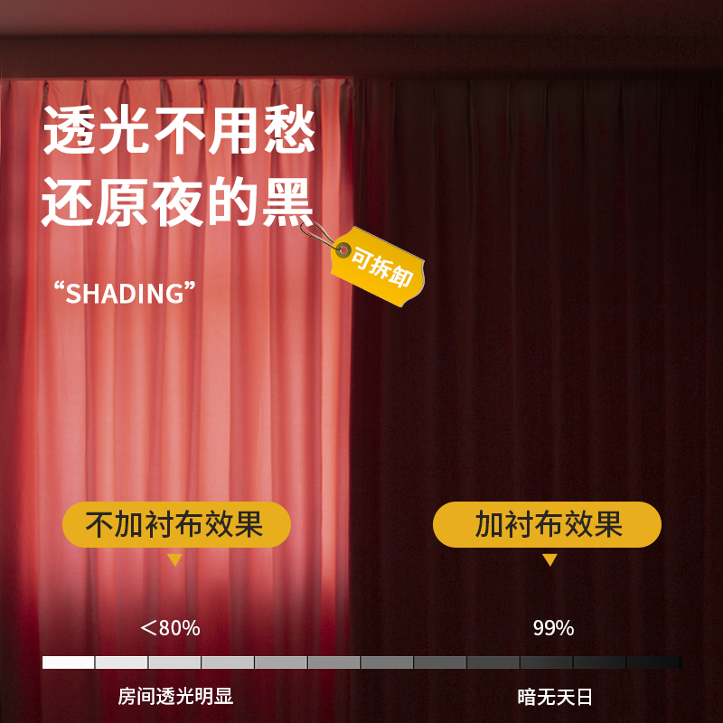 窗帘遮光衬布原有卧室窗帘加装一层全遮光内衬遮阳布窗户遮光神器
