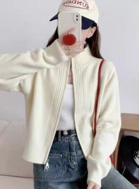 【小四专享】立领双拉链针织开衫高腰短款毛衣开衫外套