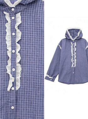 【甜甜专享】韩国甜美蕾丝花边拼接宽松休闲连帽格子衬衫