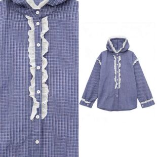 【甜甜专享】韩国甜美蕾丝花边拼接宽松休闲连帽格子衬衫