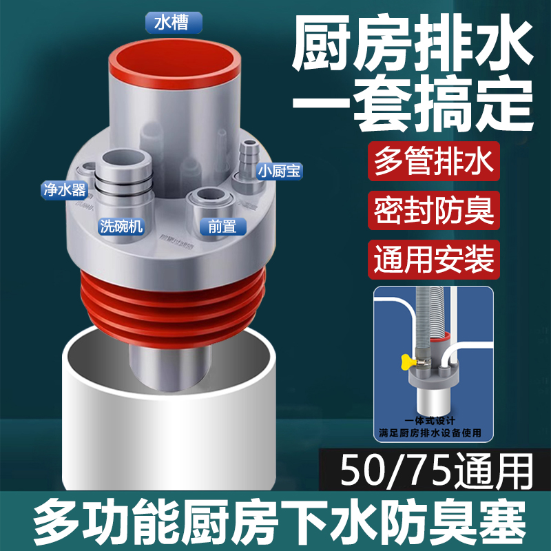 明哲通用厨房水槽排水5075通用防臭防反水集成下水道三通分水器