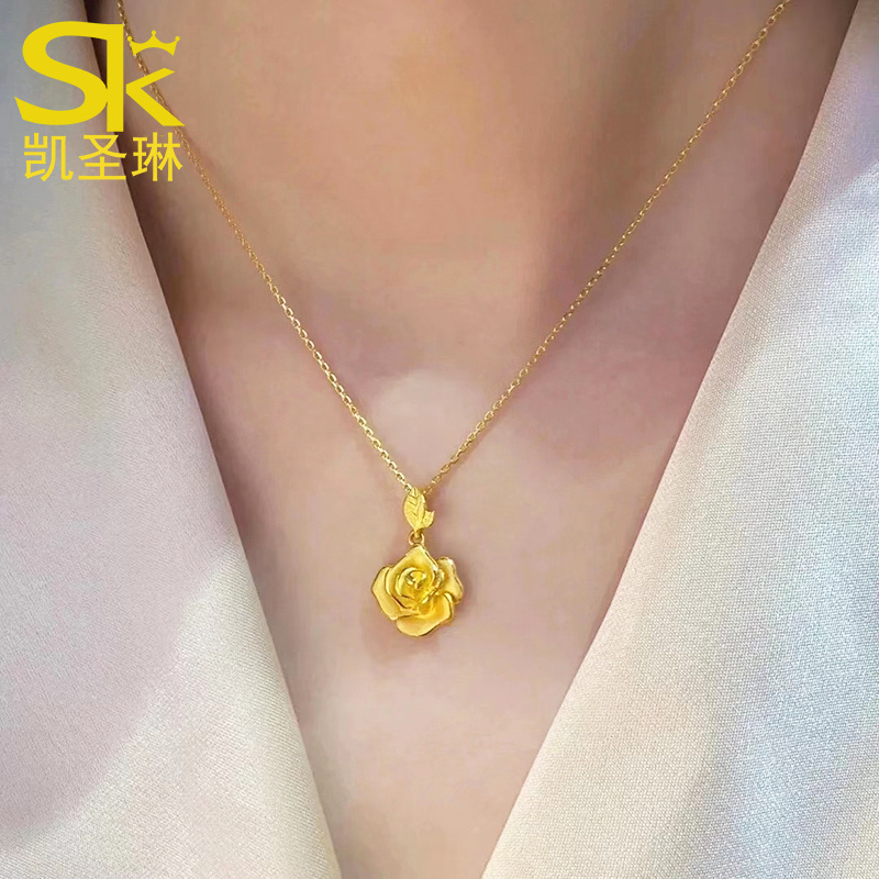 5G黄金玫瑰花项链女款999足金玫瑰花一体链套链新款锁骨链送女友-封面