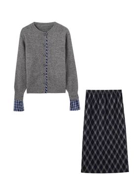 【甜馨专享】假两件针织毛衣外套加格子裙套装