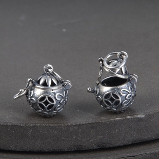 S925纯银镂空嘎乌盒子小吊坠复古做旧香囊香薰挂件坠子DIY手工