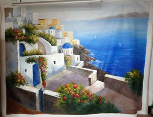 蓝色爱琴海地中海装 饰挂画欣美画店手绘无框油画