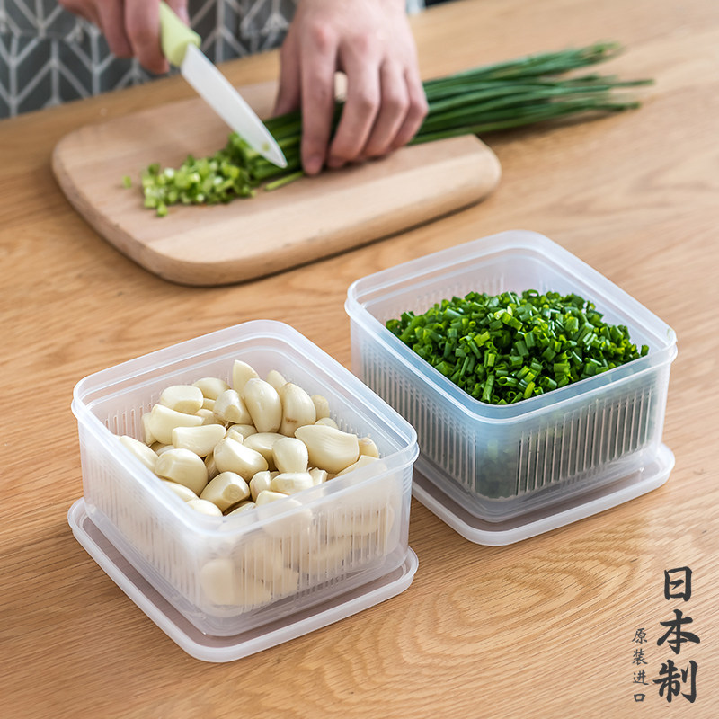 日本进口葱花保鲜盒冰箱专用姜片大蒜收纳盒可沥水食品密封储物盒