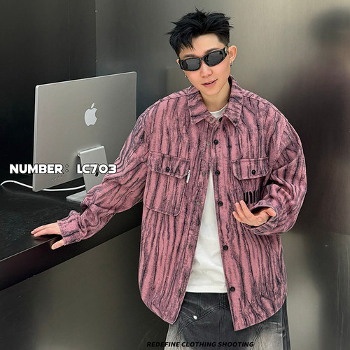 2025春季新款牛仔外套男式翻领条纹宽松休闲百搭潮流韩版痞帅衬衫