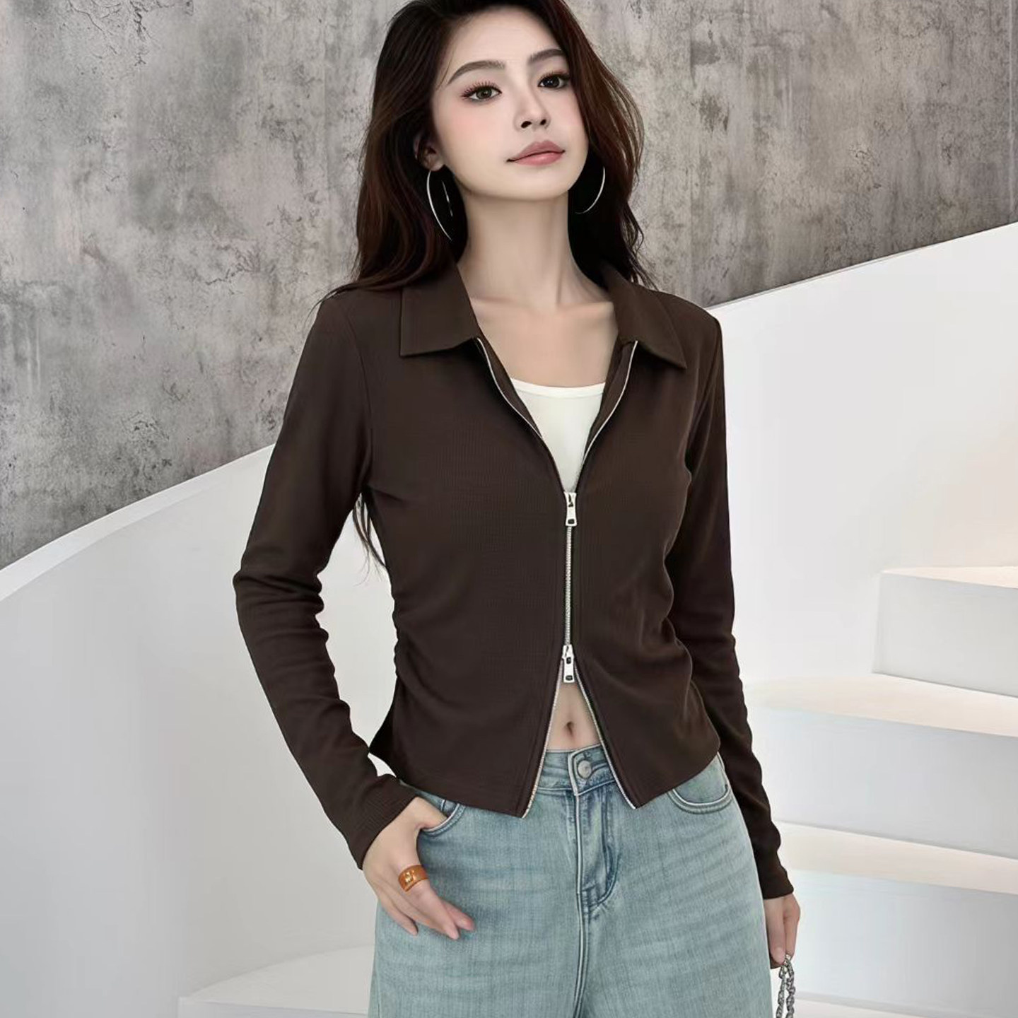 韩版假两件双头拉链翻领长袖T恤女2026秋季新款修身收腰舒适上衣