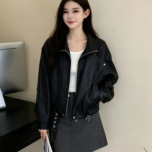 优构良品秋冬短款防风女皮衣夹克