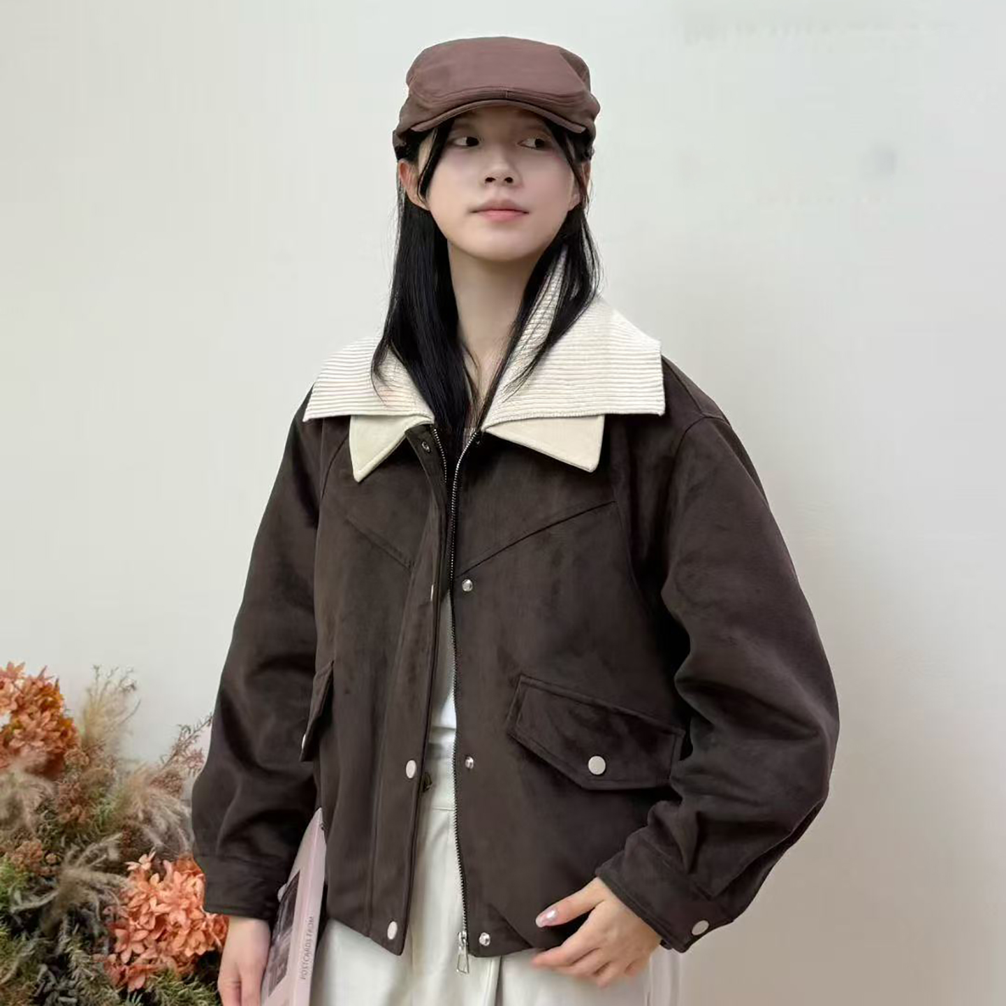 翻领外套女鹿绒皮加绒美拉德夹克