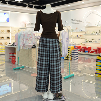 Chic高级感套装秋季新品女修身气质系带中袖复古格子阔腿长裤2025